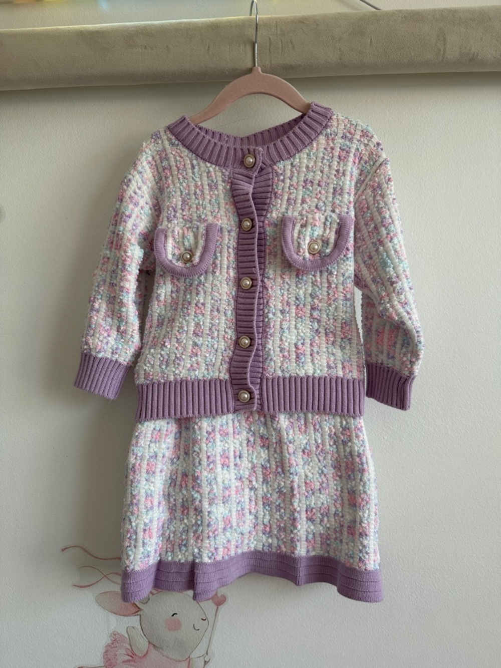 Lilac Tweed Kids Matching Set - Cardigan & Skirt